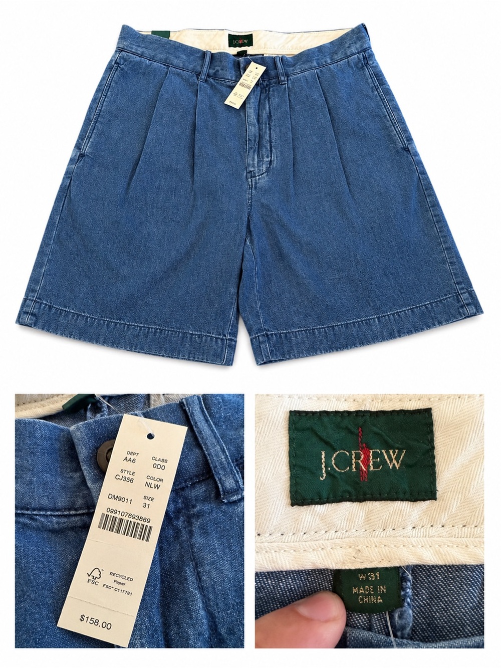 J.Crew Men’s Relaxed Pleated Chambray Shorts Nineties Wash Size 31 NWT